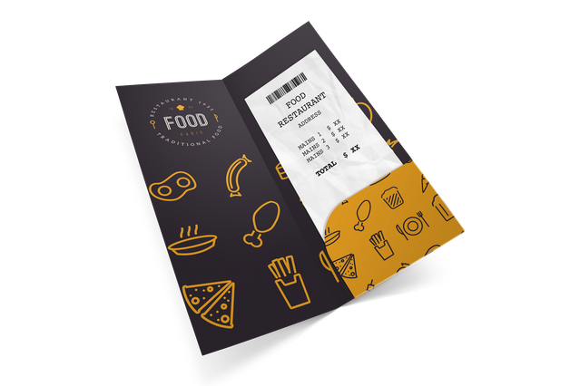 Porte-ticket personnalisé avec icônes restaurant Porte-ticket trois volets gris anthracite icones alimentaires dorees et logo restaurant. Sprint24.