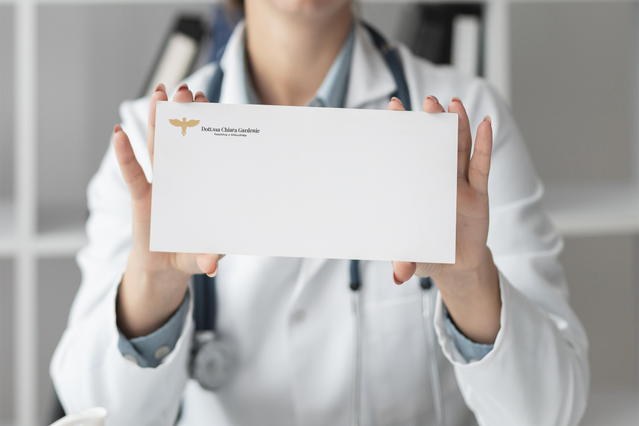 Professionnel de sante presentant une enveloppe medicale de. Enveloppe medicale professionnelle pour cliniques laboratoires avec branding personnalise. Sprint24.