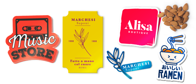 Stickers sagomés: cassette, étiquette savon, boutique, branche olivier et ramen. PVC découpe Sprint24.