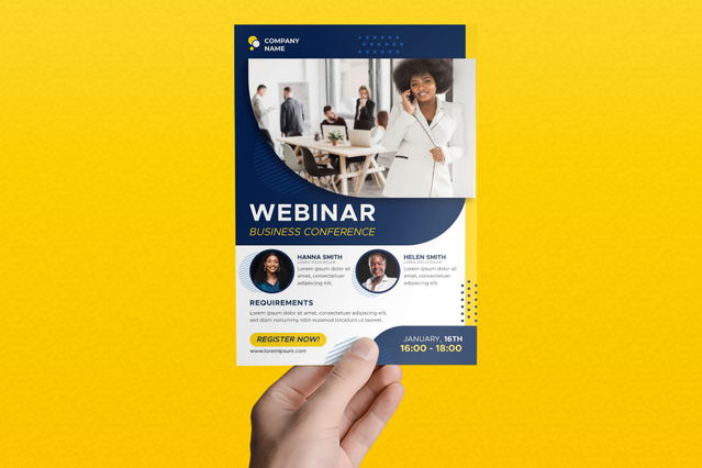 Tract A5 webinaire design bleu marine. Impression premium pour événements et distribution Sprint24.